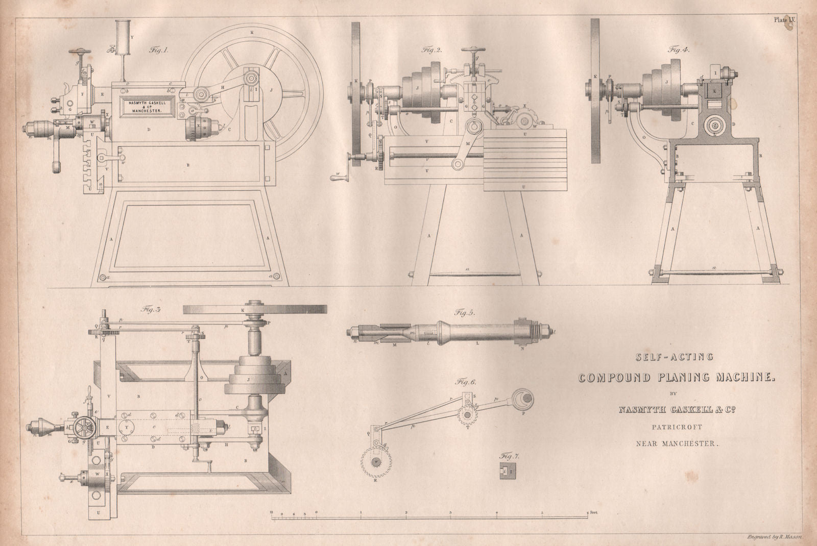19C ENGINEERING DRAWING. Self-acting compound planing machine. Gaskell 1847
